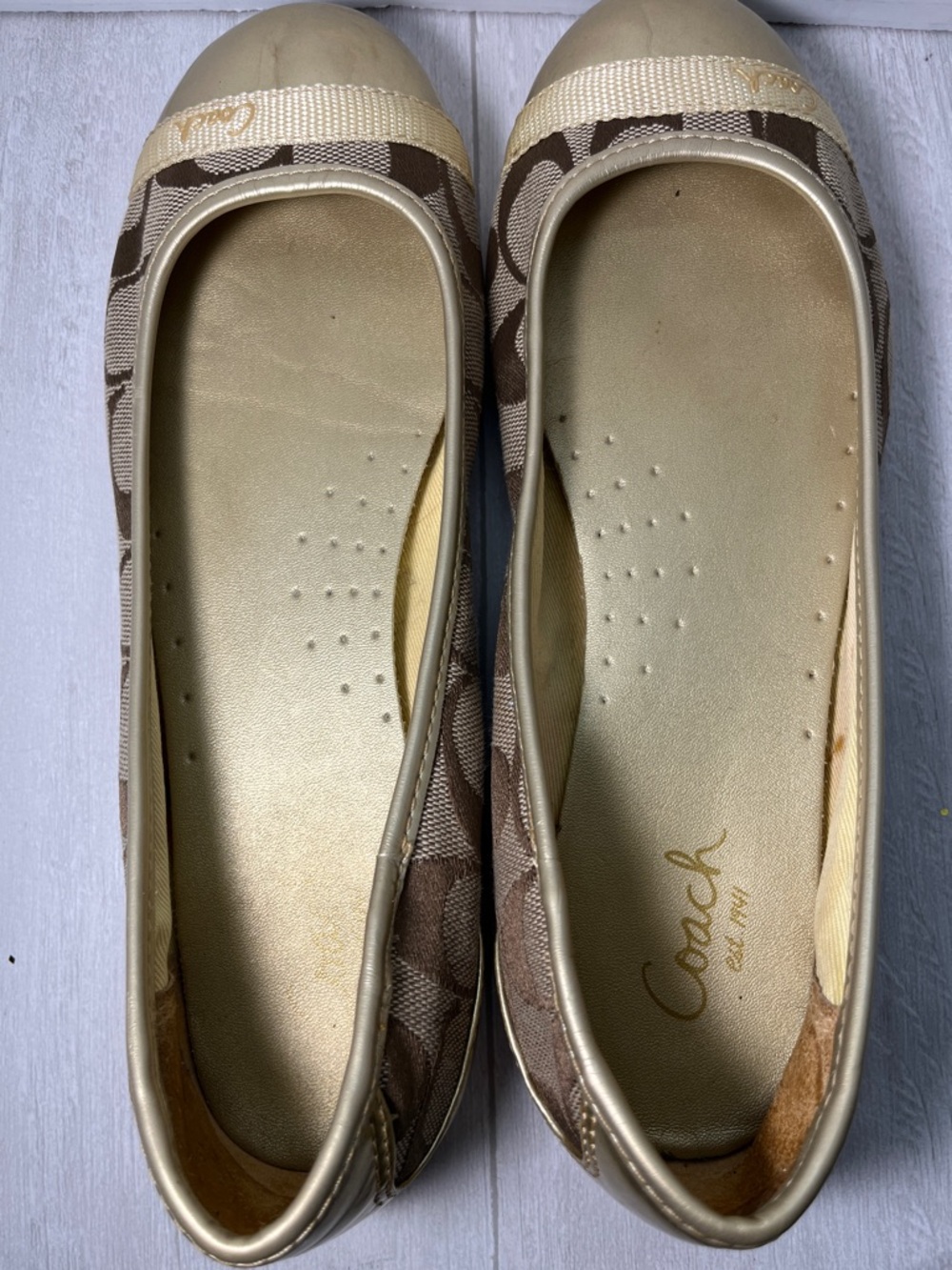 Coach Women's Brown Signature Canvas Ballet Flats with Gold Cap Toe - Picture 8 of 9